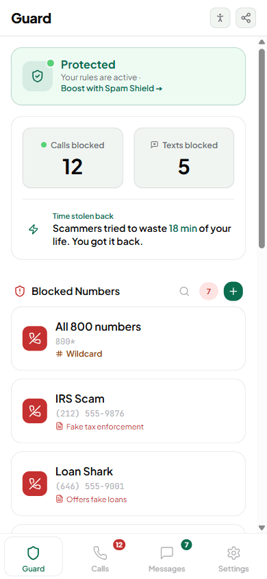 Call Vault shield screen — spam calls blocked